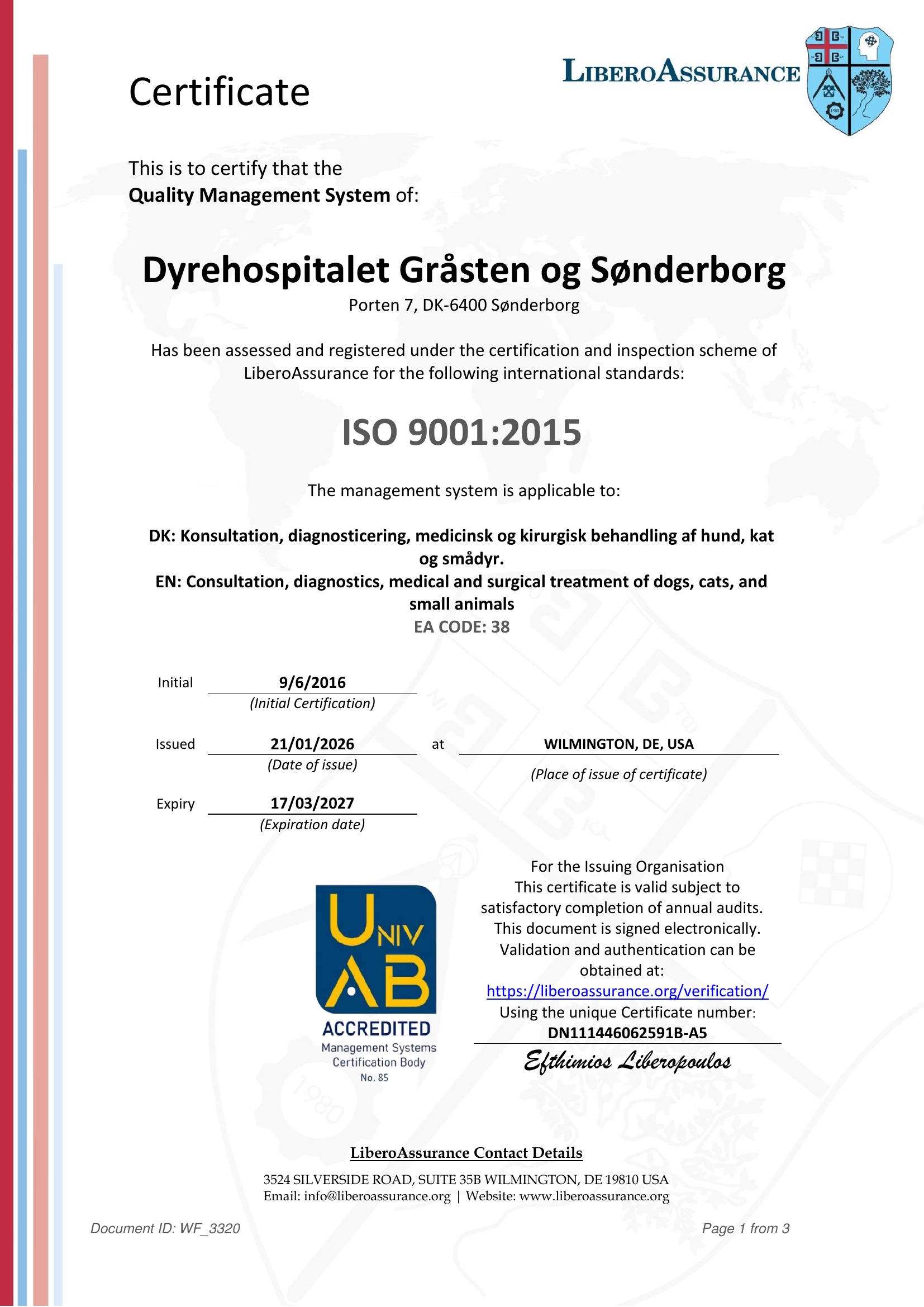 ISO 9001-certifikat for Dyrehospitalet Sønderborg, udstedt af LiberoAssurance